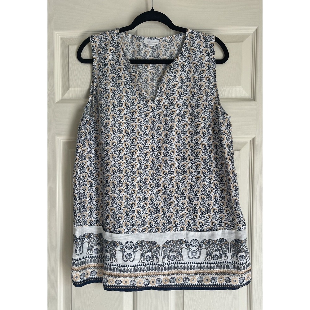 J Jill‎ Love Linen Elephant Blue Printed 100% Linen Sleeveless Top Size Large